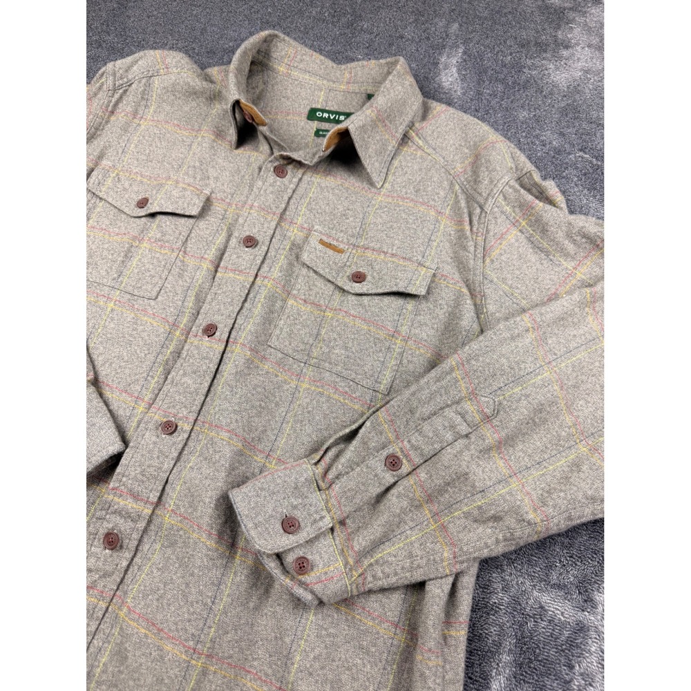 Orvis Mens Classic Fit Flannel Shirt Grey Plaid Cotton Button Down Large L